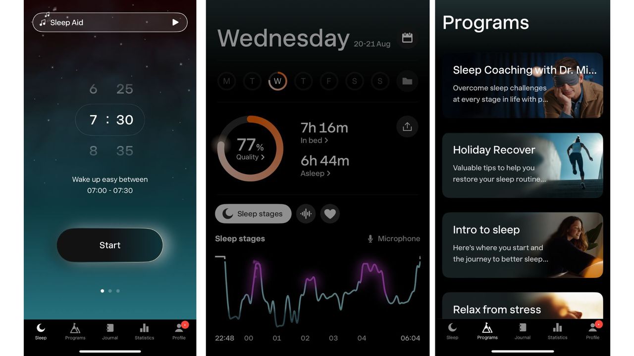 Screenshots from the Sleep Cycle app, including Smart Alarm