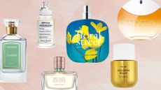 A collage of perfumes that smell like suncream from brands including: Granado, Maison Margiela, Estee Lauder, Floral Street, Phlur and Nivea/ featured in a pink watercolour paint-style template