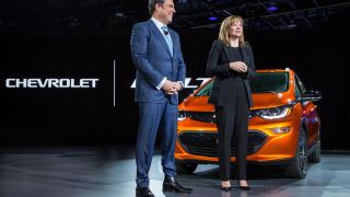 General Motors Chairman and CEO Mary Barra introduces the 2017 Chevrolet Bolt EV at its world debut during the Consumer Electronics Show Wednesday, January 6, 2016 in Las Vegas, Nevada. The Bolt EV offers more than 200 miles of range on a full charge at a price below $30,000 after Federal tax credits. The Bolt EV features advanced connectivity technologies and seamless integration. The Bolt EV will begin production by the end of 2016.
