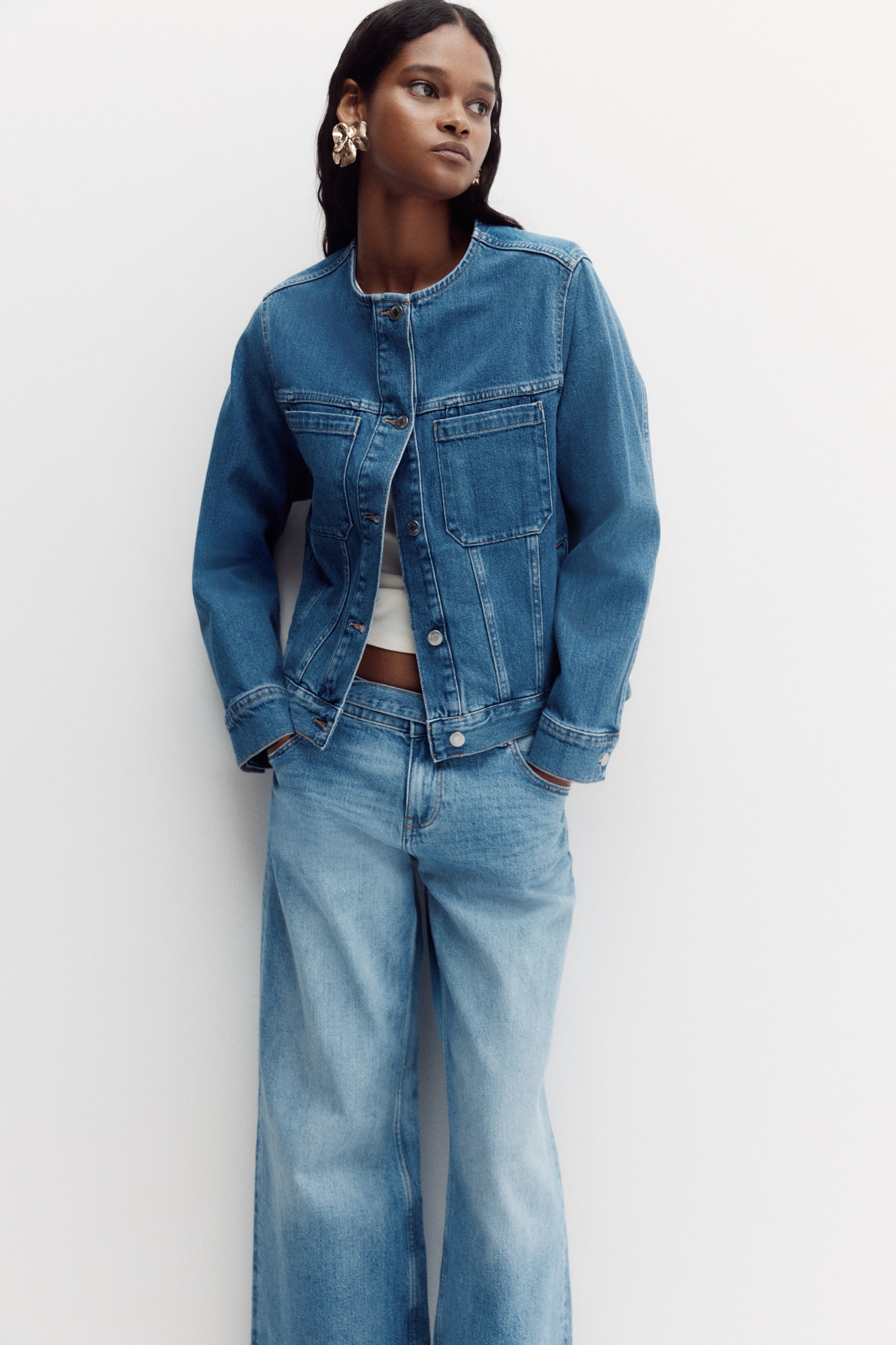 Collarless Trucker Jacket - Denim Blue