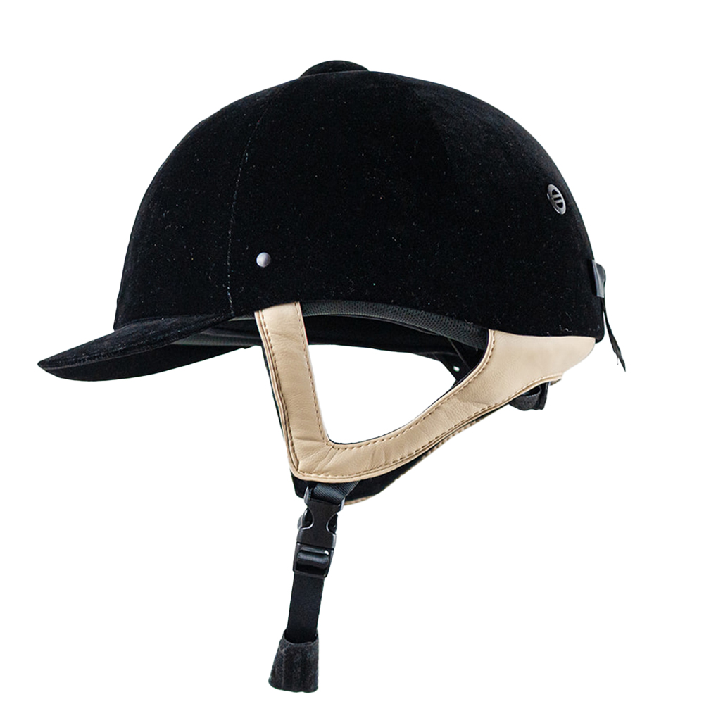 Close up, side view of Rhinegold Victory Velvet hat in black