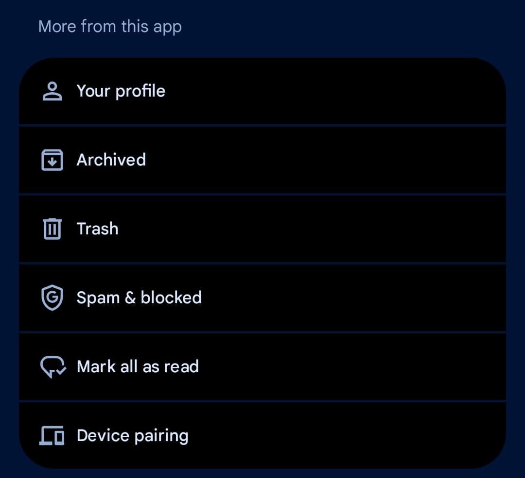 Google Messages trash folder in account menu