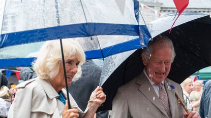 Charles and Camilla beam in pouring rain in Cornwall 
