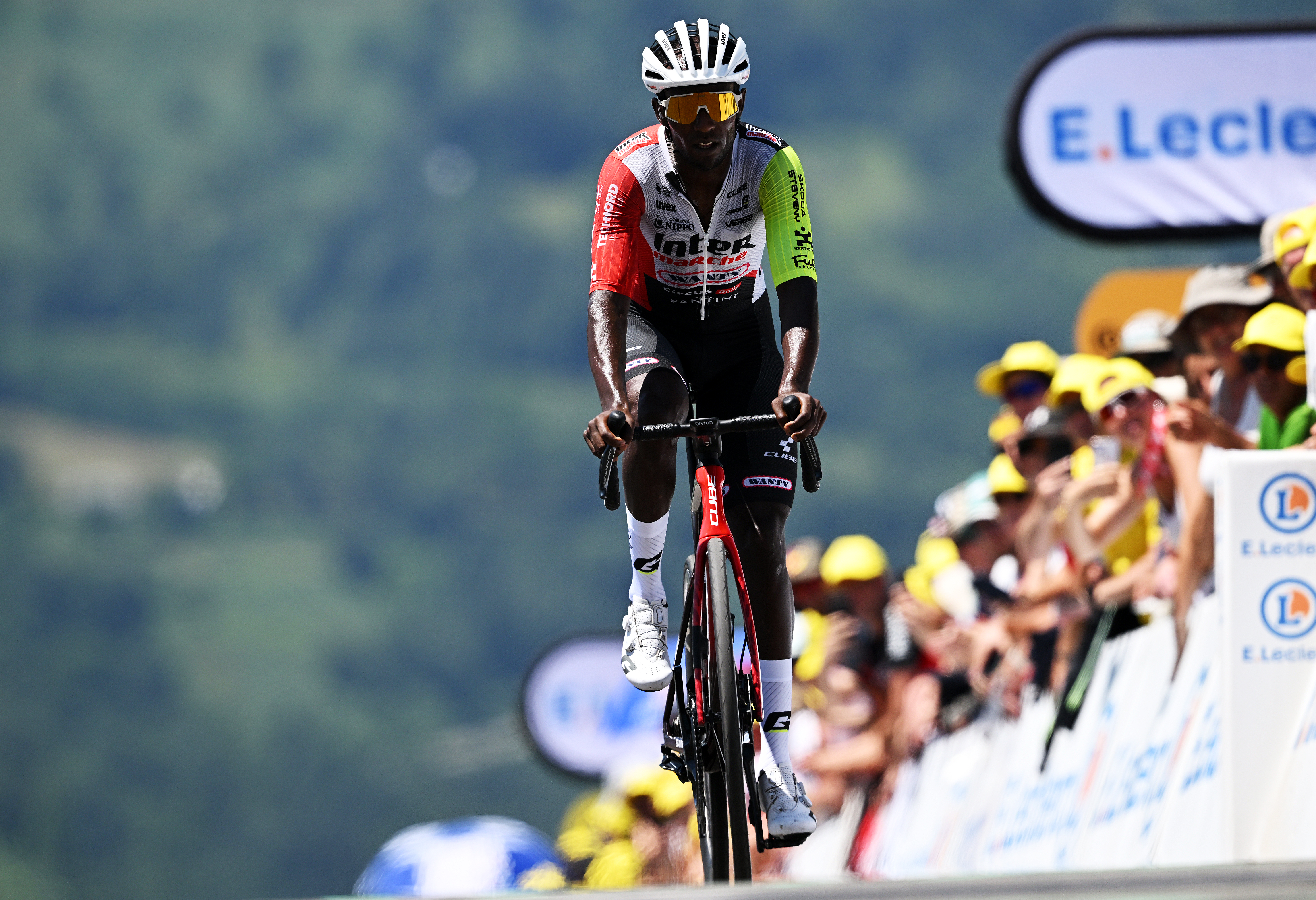 PEYRAGUDES, FRANCE - JULY 18: Biniam Girmay of Eritrea and Team Intermarche - Wanty crosses the finish line during the 112th Tour de France 2025, Stage 13 a 10.9km individual time trial stage from Loudenvielle to Peyragudes 1561m / #UCIWT / on July 18, 2025 in Peyragudes, France. (Photo by Tim de Waele/Getty Images)