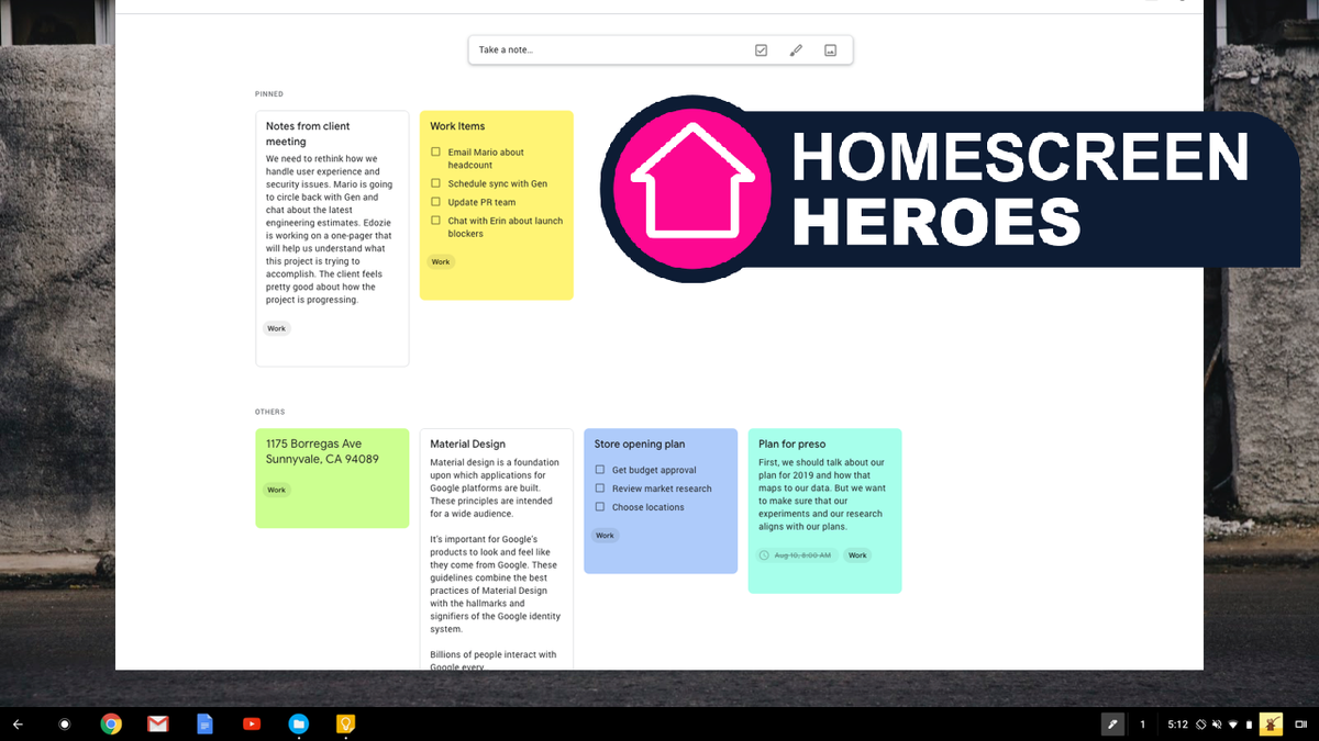 A header image showing a screenshot of Google Keep with the Homescreen Heroes logo