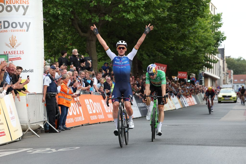 Belgian Yves Lampaert of QuickStep Alpha Vinyl and Belgian Wout Van Aert of Team JumboVisma cross the finish line of the Natourcriterium Roeselare cycling race Tuesday 26 July 2022 in Roeselare The contest is a part of the traditional criteriums local races in which mainly cyclists who rode the Tour de France competeBELGA PHOTO KURT DESPLENTER Photo by KURT DESPLENTER BELGA MAG Belga via AFP Photo by KURT DESPLENTERBELGA MAGAFP via Getty Images
