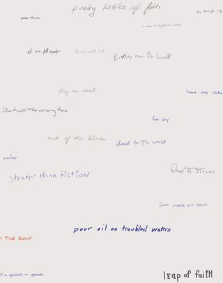 Detail of Wits’ End Sampler, 2010/2018, handwritten idioms silkscreened on wall