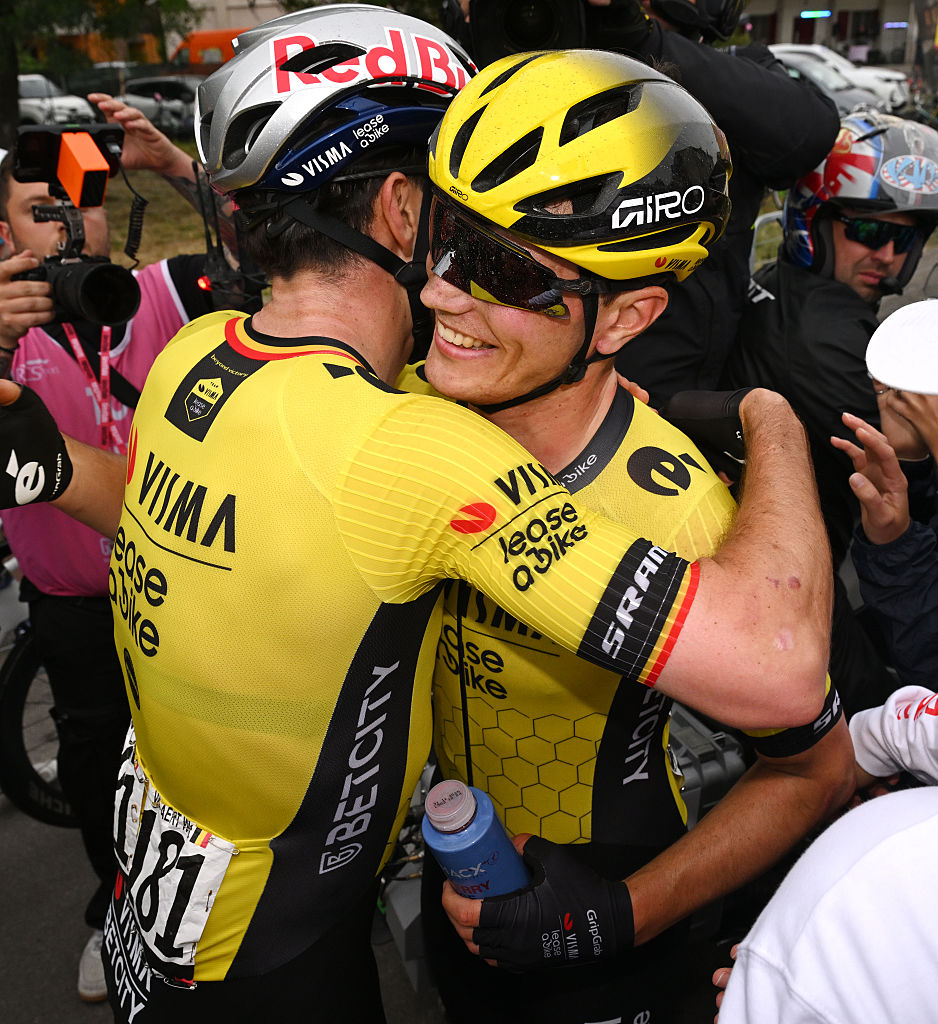 VIADANA ITALY MAY 22 Stage winner Olav Kooij of Netherlands and Team Visma Lease a Bike R and Wout Van Aert of Belgium L celebrate the victory after the 108th Giro dItalia 2025 Stage 12 a 172km stage from Modena to Viadana OglioPo UCIWT on May 22 2025 in Viadana Italy Photo by Dario BelingheriGetty Images