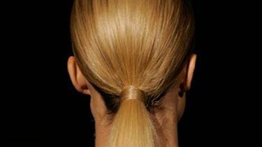 Model with long blonde ponytail