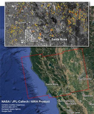 The image at top shows damage (red and yellow) in Santa Rosa, California, caused by wildfires.