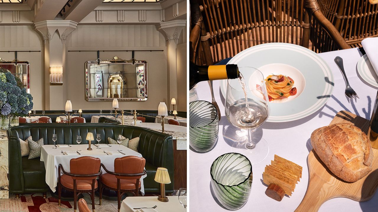 Left: Claridge&#039;s Restaurant interior. Right: Il Pellicano Linguine profumo mare triglia