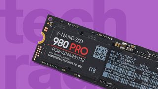 A samsung 980 Pro against a purple TechRadar background