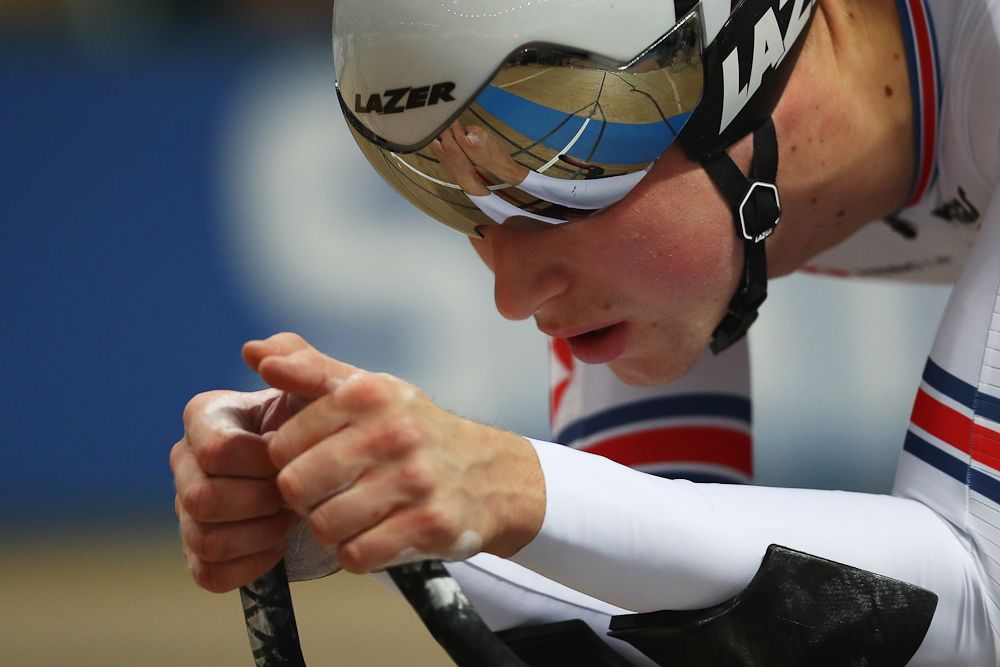 Joseph Truman of Great Britain competes in the Men's 1Km Time Trial race on day three of the UCI Track Cycling World Championships