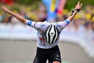 TOPSHOT UAE Team Emirates Slovenian rider Tadej Pogacar cycles to the finish line to win the 6th stage of the 110th edition of the Tour de France cycling race 145 km between Tarbes and CauteretsCambasque in the Pyrenees mountains in southwestern France on July 6 2023 Photo by Marco BERTORELLO AFP Photo by MARCO BERTORELLOAFP via Getty Images