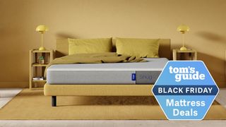 The Casper Snug Mattress placed on a yellow bedframe in a yellow bedframe; a black friday mattress deals badge in blue is overlaid on the image