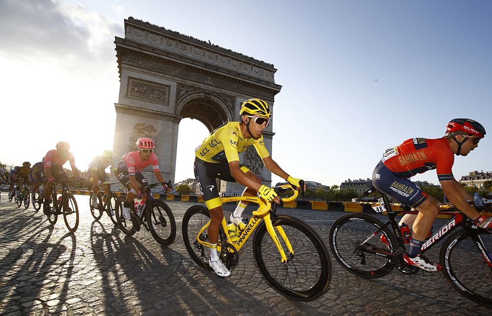 Egan Bernal (Team Ineos) racing on the Champs Elysees stage 21 of the Tour de France