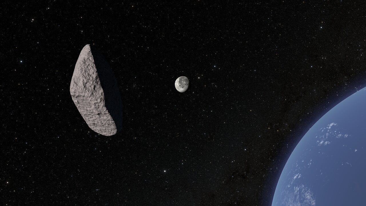 A visualization of the Earth toward the right, the moon in the center and the asteroid in the foreground toward the left.