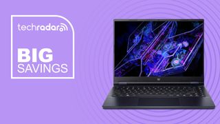 Acer Predator Helios Neo 14 on purple background with big savings text overlay