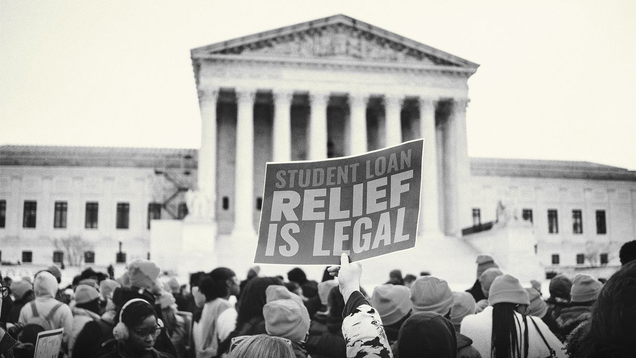 People rally to show support for the Biden administration&amp;#039;s student debt relief plan in front of the the Supreme Court of the United States