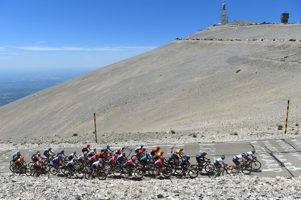 MONT VENTOUX FRANCE JUNE 14 A general view of the peloton climbing to the Mont Ventoux 1893m during the 4th Mont Ventoux Denivele Challenge 2022 a 153km one day race from VaisonlaRomaine to Mont Ventoux 1893m MVDC on June 14 2022 in Mont Ventoux France Photo by Dario BelingheriGetty Images