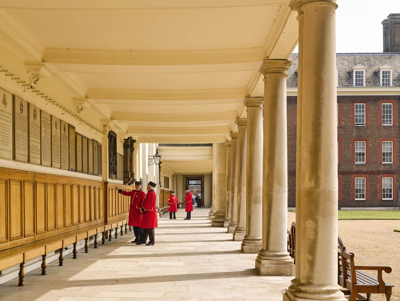 Fig 1: The loggia overlooking Figure Court. The Royal Hospital Chelsea, home of the Chelsea Pensioners. Photography by Will Pryce for Country Life Magazine. ©Country Life