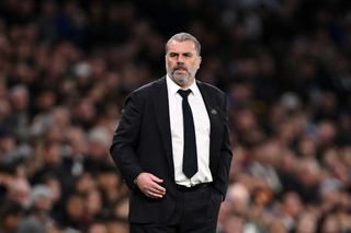 Ange Postecoglou, Manager of Tottenham Hotspur, looks on during the Premier League match between Tottenham Hotspur and Nottingham Forest at Tottenham Hotspur Stadium on April 07, 2024 in London, England. (Photo by Mike Hewitt/Getty Images)