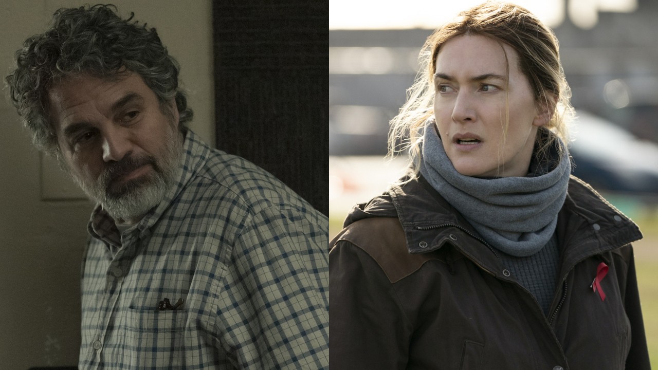 Tom Brandis (Mark Ruffalo) looks over on Task, while Mare Sheehan (Kate Winslet) looks worried on Mare of Easttown.