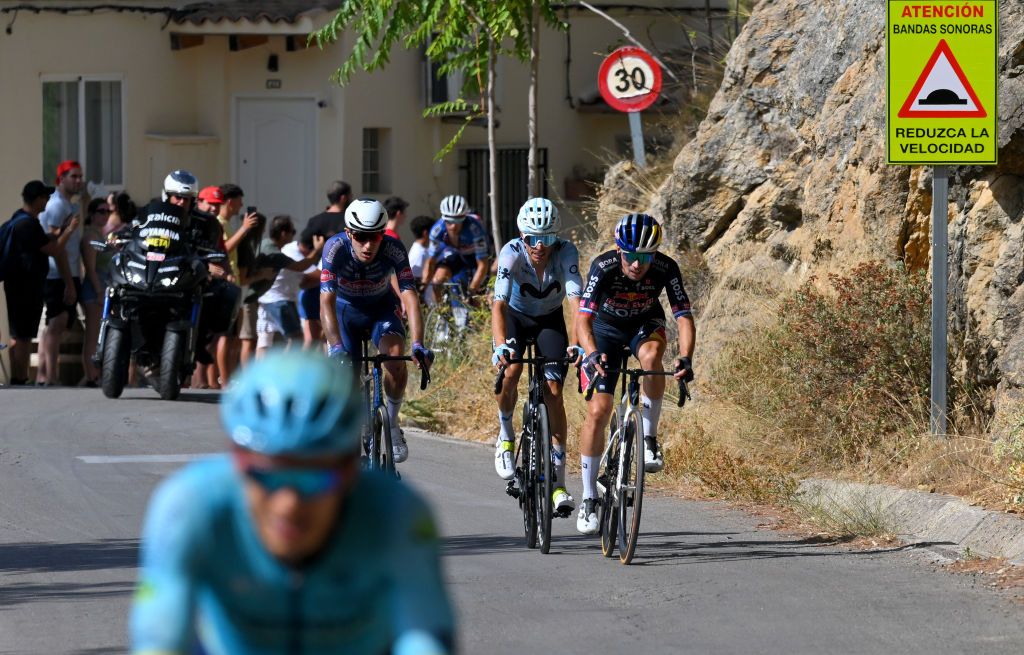 CAZORLA SPAIN AUGUST 24 LR Luca Vergallito of Italy and Team Alpecin Deceuninck Enric Mas of Spain and Team Movistar and Primoz Roglic of Slovenia and Team Red Bull Bora hansgrohe compete in the breakaway during the La Vuelta 79th Tour of Spain 2024 Stage 8 a159km stage from Ubeda to Cazorla 1056m UCIWT on August 24 2024 in Cazorla Spain Photo by Tim de WaeleGetty Images