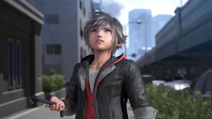 Sora looks up to the sky while hold a cell phone-like device in Kingdom Hearts 4