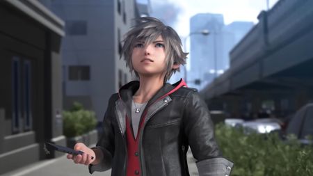 Sora looks up to the sky while hold a cell phone-like device in Kingdom Hearts 4