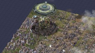 An alien spaceship hovering over a city in SimCity 4