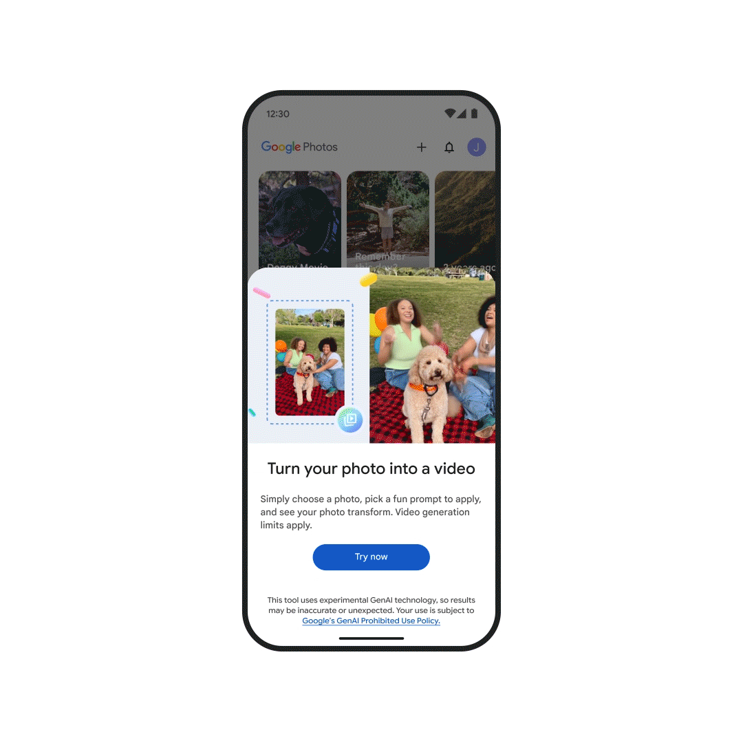A GIF of the process to create a video from a photo in Google Photos