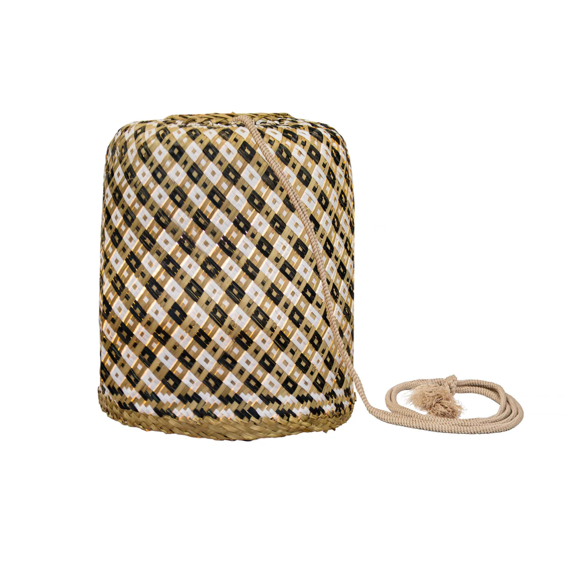 hanging pendant light with a black, white, and tan basket weave motif