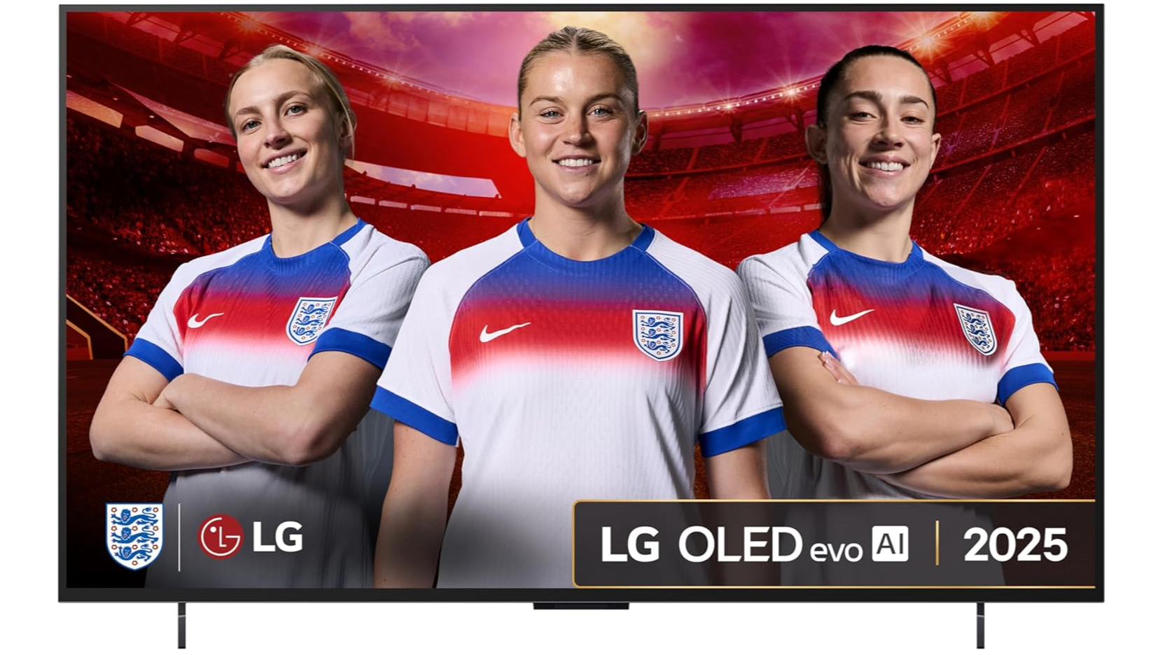 The 42-inch LG C5 pictured against a white background. On the screen are players from the England women's national football team
