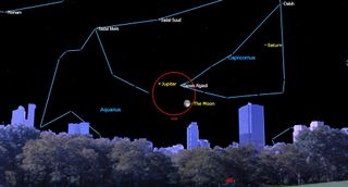 august 2021 starry night Gibbous moon joins Jupiter and Saturn