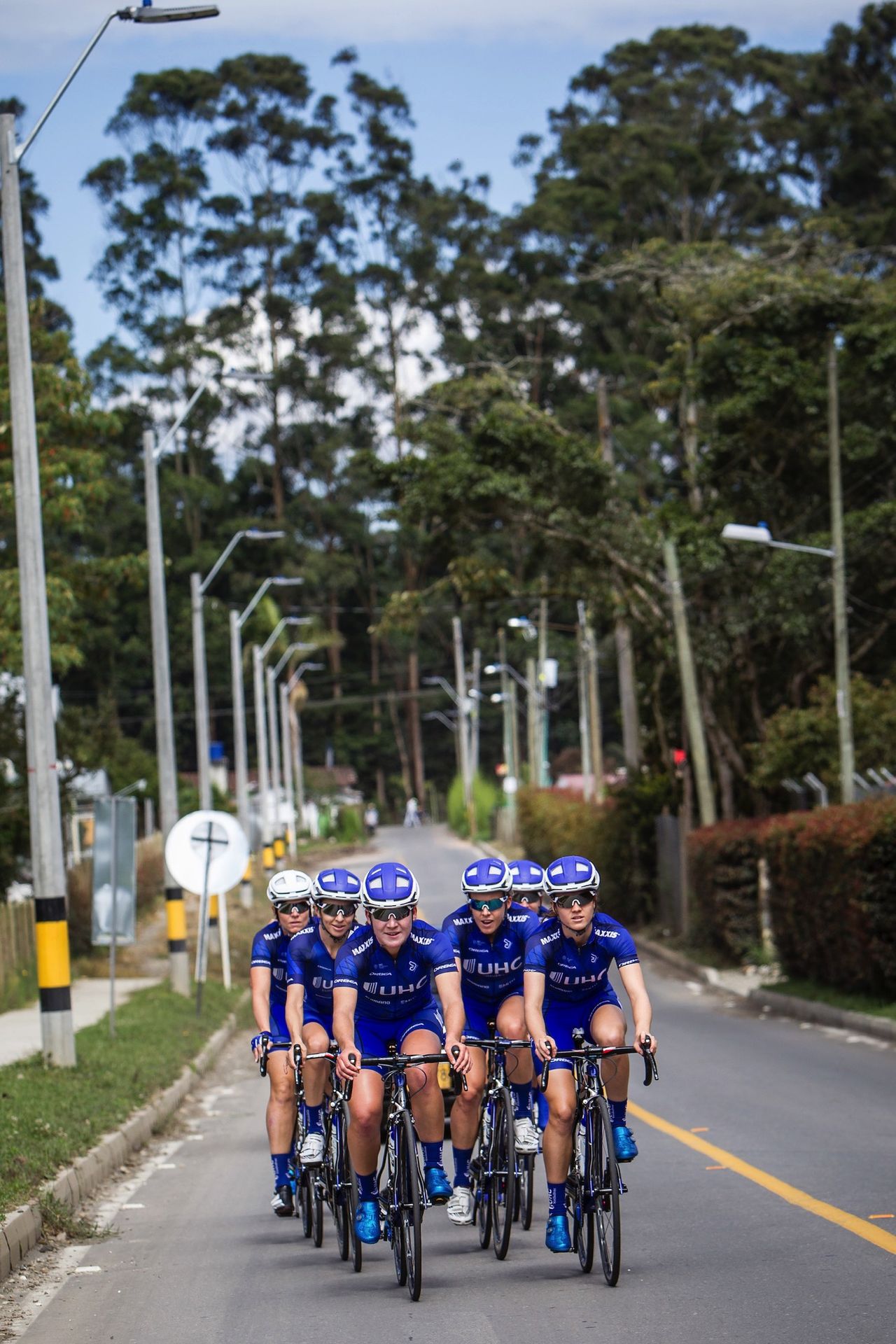 The 2017 UnitedHealthcare Pro Cycling women&rsquo;s team at training camp in Colombia. With Lauretta Hanson (left) and Ruth Winder (right) in the front