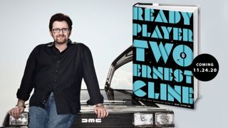 Author Ernest Cline and the cover of Ready Player Two. 