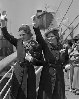 Eunice (left) and Rosemary Kennedy on board The Manhattan.