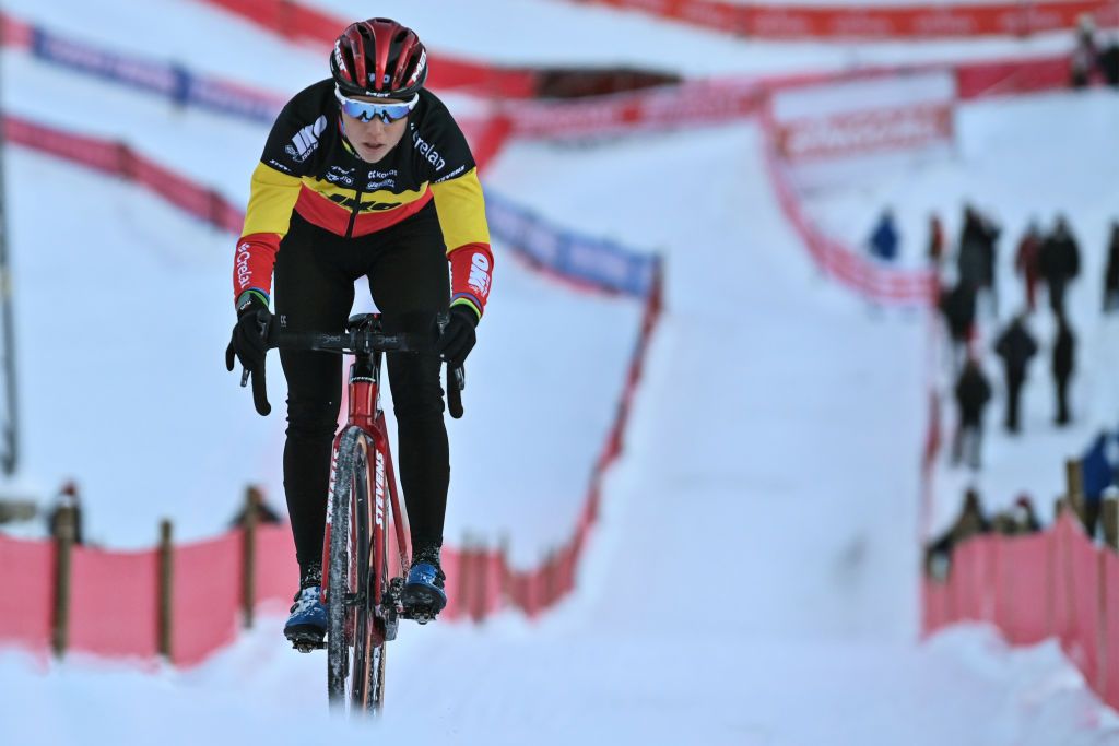 Belgian Sanne Cant pictured in action during the track reconaissance ahead of the Cyclocross World Cup race in Val di Sole Italy Saturday 11 December 2021 stage ten out of 16 in the World Cup of the 20212022 season BELGA PHOTO DAVID STOCKMAN Photo by DAVID STOCKMANBELGA MAGAFP via Getty Images