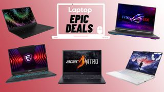 Acer, Asus, MSI, Lenovo, Razer gaming laptops against red gradient background