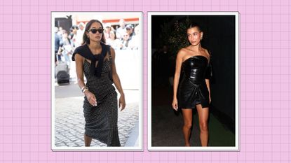 Laura Harrier and Hailey Bieber pictured wearing black outfits in a two-picture pink template