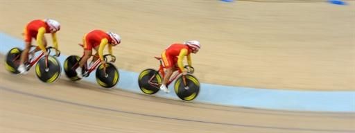 People's Republic of China en route to victory in the men's team sprint.