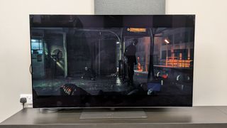 A shot of the subway fight scene from The Batman on the LG G5 in Dolby Vision Cinema Home mode pre update