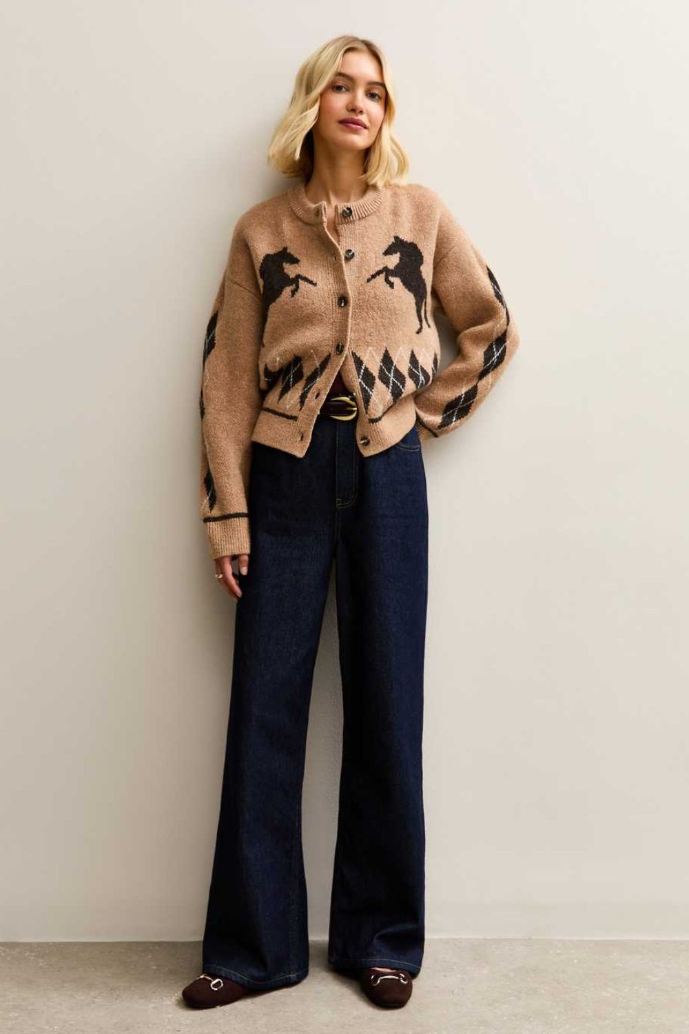 New Look, Brown Argyle Horse Knit Crew Neck Cardigan