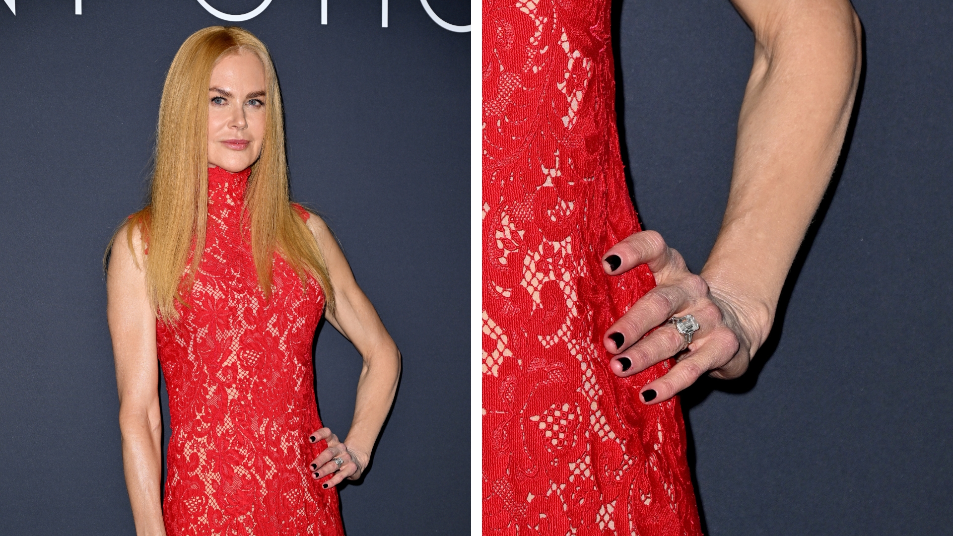 On the left, Nicole Kidman is pictured wearing a red lace dress and with a black manicure on her nails at the 2025 Kering Women In Motion Awards and Cannes Film Festival Presidential Dinner at the 78th annual Cannes Film Festival at the Place de la Castre on May 18, 2025 in Cannes, France. On the right, is a close-up of her hand from the same picture, to show her manicure in more detail.