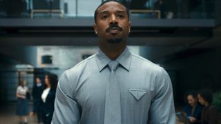 Michael B. Jordan in a shirt and tie in The Thomas Crown Affair