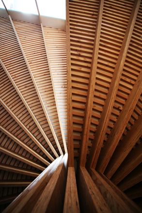 Close up view of the spiral style wooden ceiling inside 'Tree House'