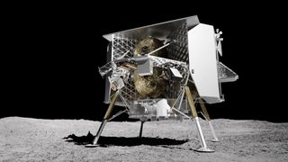 We see an illustration of a four-legged spacecraft on the moon.