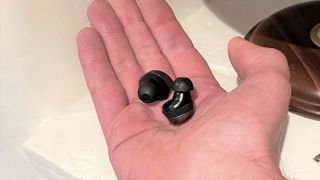 Sennheiser earbuds in hand