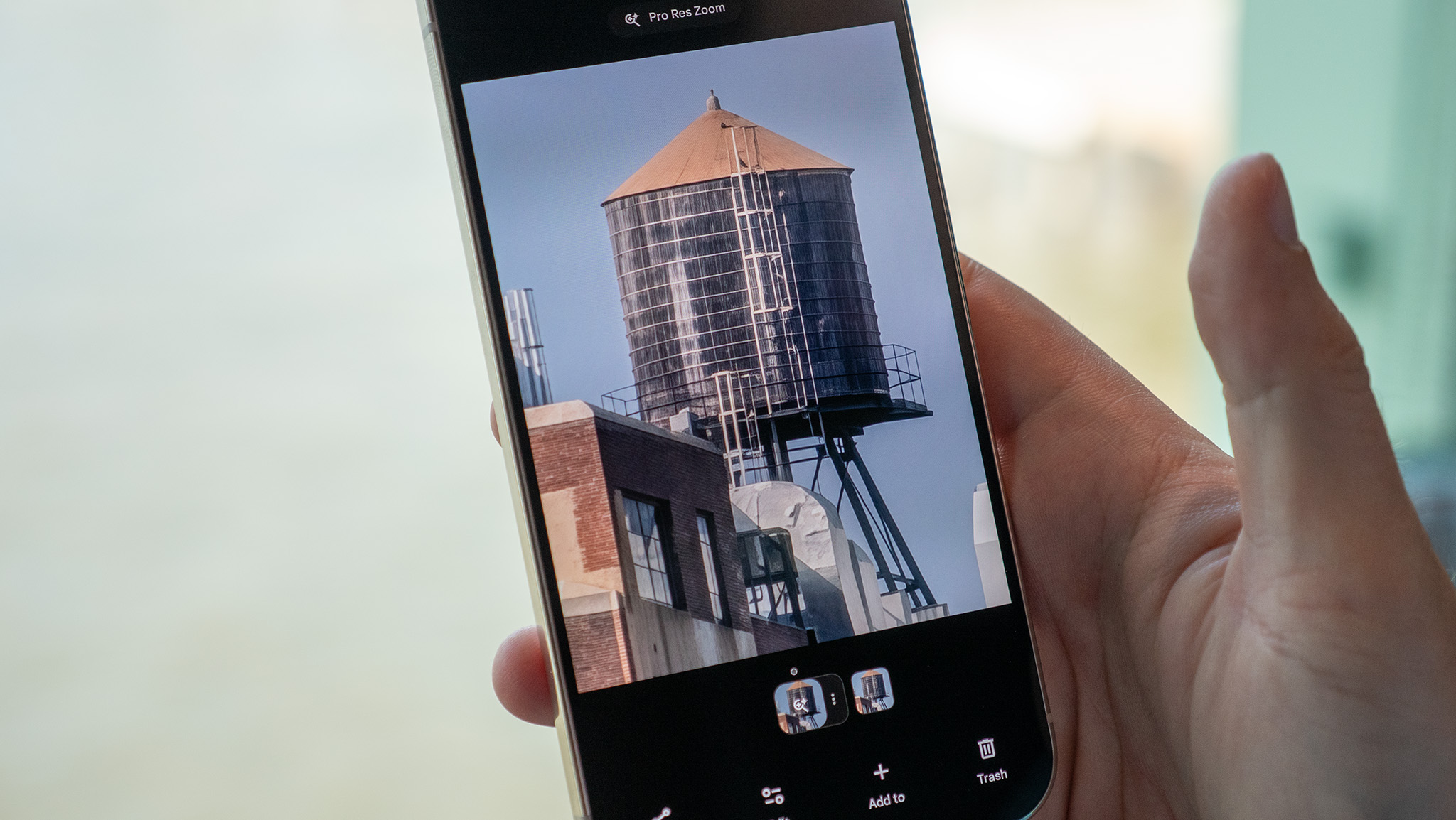Testing out the new Pro Level Zoom feature on the Google Pixel 10 Pro to zoom in to a water tower on top of a building at 100x